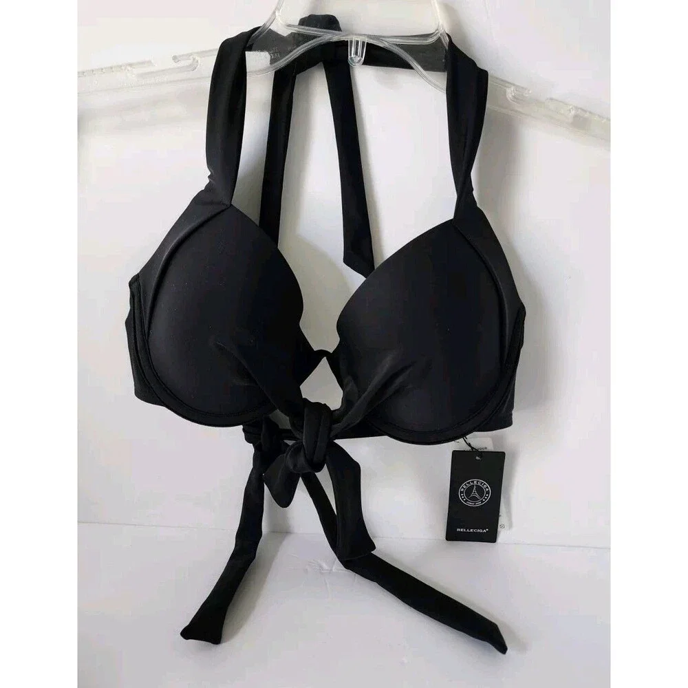RELLECIGA Halter Bikini Top Women’s Size M Black Push Up Underwire NWT